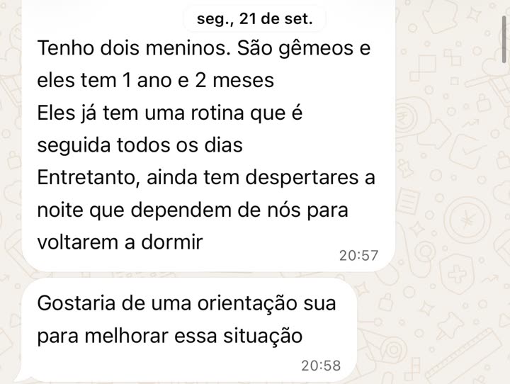 Mensagem da mãe: tenho dois meninos, são gêmeos, têm 1 ano e 2 meses e ainda têm despertares à noite que dependem de nós para voltarem a dormir.